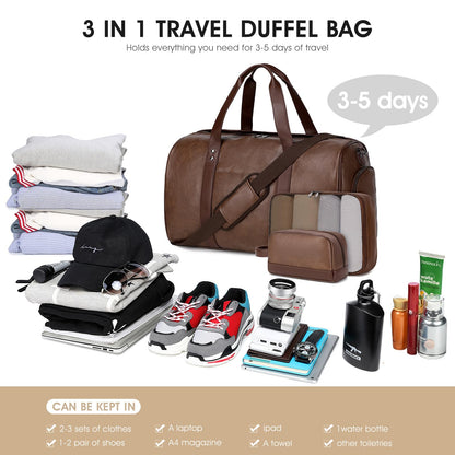 Wogarl 3PCS Faux Leather Weekender Bag for Women Men Large Overnight Travel Duffel Bags with Shoe Compartment Toiletry Packing Cube Carry On Duffle Fit 21" Laptop(Coffee)