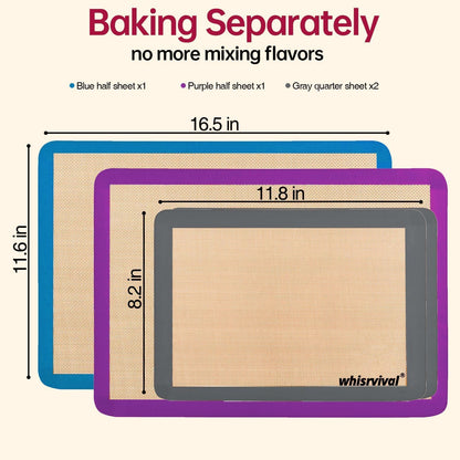 whisrvival 4 Pack Silicone Baking Mat, Non-Stick Silicone Baking Sheet, Food Safe Silicone Mats for Baking, 480℉ Heat Resistant, 2 Half & 2 Quarter (Purple, Blue, Grey)