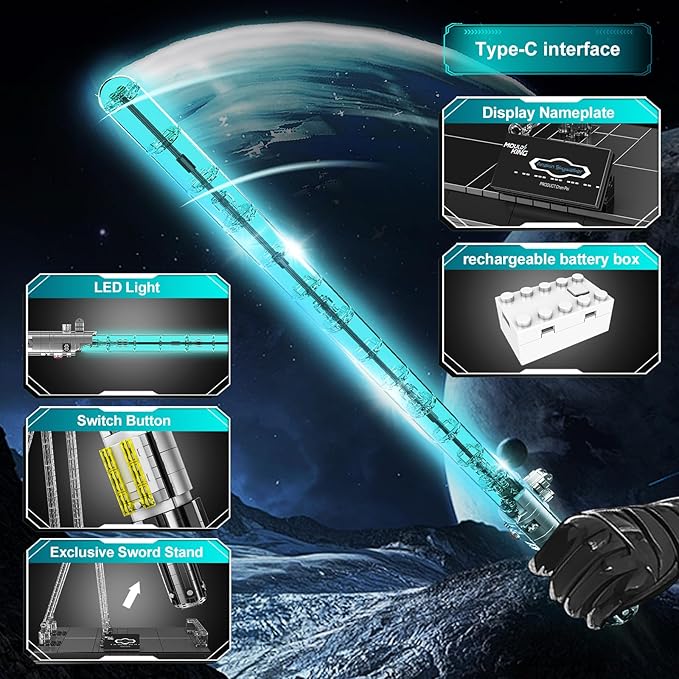 Mould King 10139 Lightsaber Building Set Light Saber with Stand Rechargeable LED Light Sword for Adult Birthday Thanksgiving Xmas Toys Gift Halloween Cosplay (1089 Pieces)