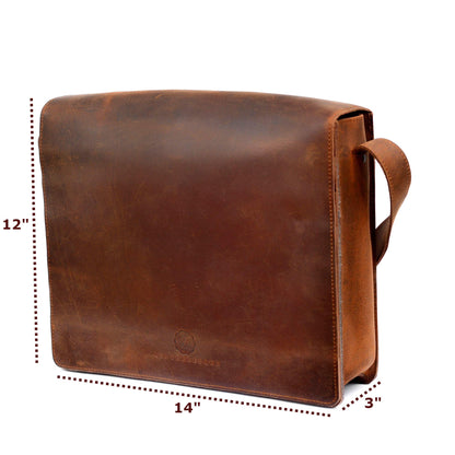 L LEATHERESQUE Chelsea Handmade Genuine Leather Crossbody Laptop Messenger Shoulder Bag 14 inch Satchel for Men and Women Crazy Horse Distressed Vintage Brown