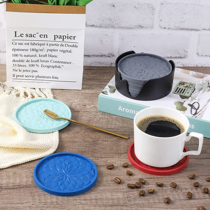 ME.FAN Silicone Coasters with Holder,[6 Pack] Drinking Coasters - Cup Mat for Hot or Cold Drinks, Thickened, Non-Slip, Non-stick,Deep Tray Dark Grey