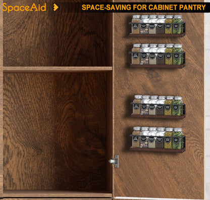 SpaceAid Spice Rack Organizer for Cabinet Door or Wall Mount (4 Pack) with 415 Spice Labels - Wood Hanging Seasoning Shelf for Cupboard Pantry or over the Stove