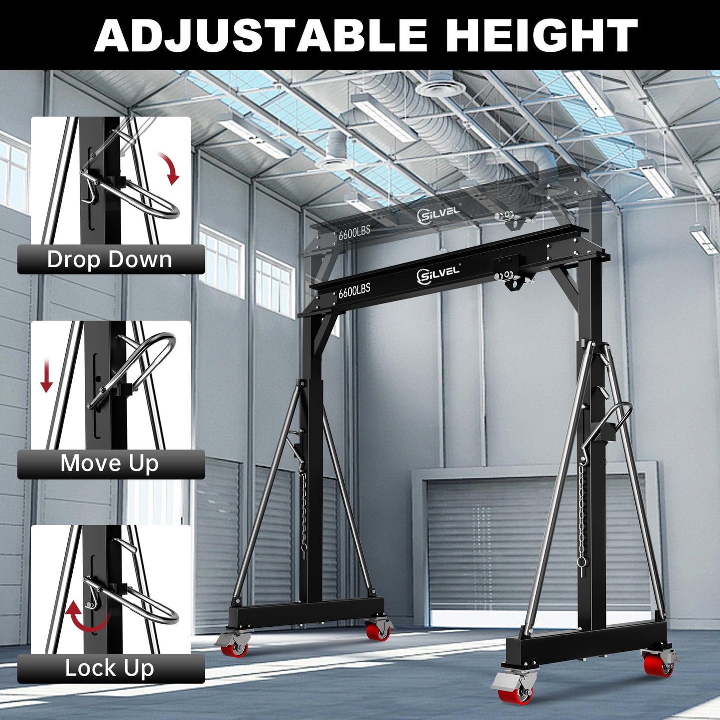 SILVEL 3 Ton Gantry Crane, Max 6600Lbs 8.53FT Maximum Working Width, Adjustable Height 8.53-12.47FT, Portable Shop Lift Hoist with 3 Ton Manual Trolley for Factories, Warehouses, Garage,Black