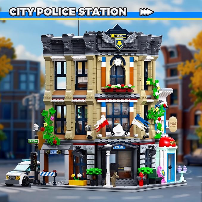 AsmrCap City Police Station Building Set for Boys Police Station Toy with Police Car Four-Floor Police Station with Office Interrogation Room Rooftop Radar Coffee Shop 2066PCS
