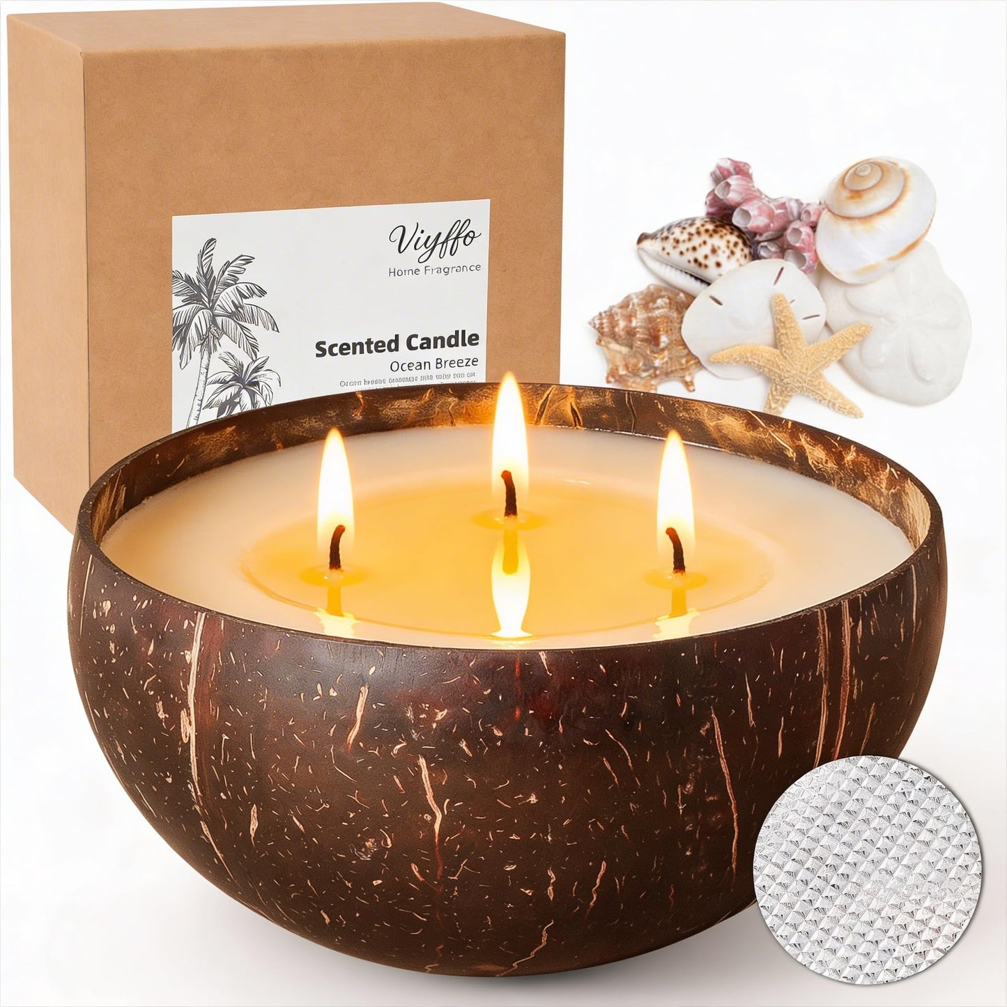 Viyffo Ocean Breeze Scented Candle, Large 18oz 3 Wick Non Toxic Soy Candles, Natural Coconut Shell Candle for Home, Fresh Airy Aromatherapy for Relaxation & Summer Décor, Unique Gift for Women & Men
