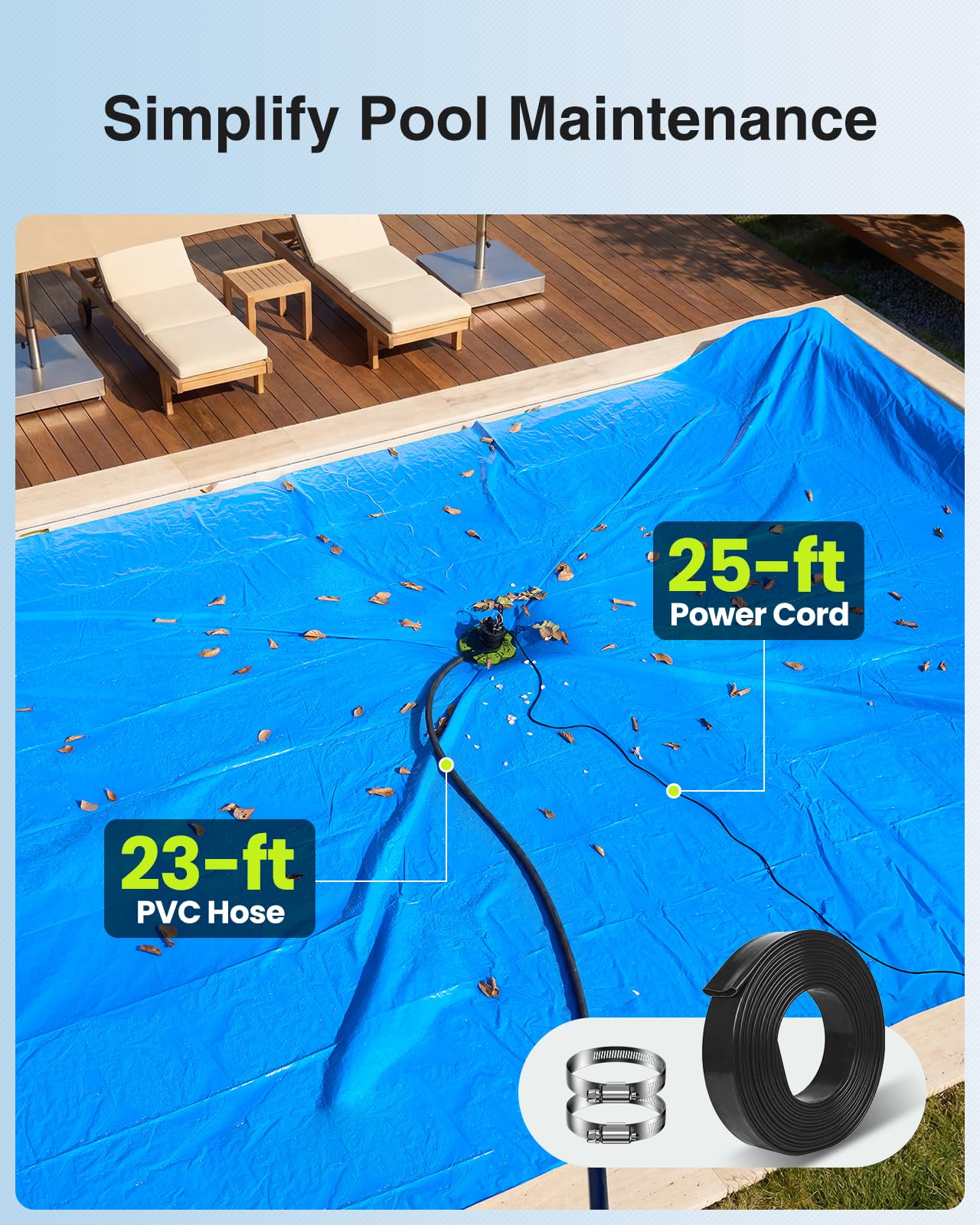 TaskStar 3035 GPH Automatic Pool Cover Pump with 23ft Hose Kit, 1/3 HP Submersible Water Pump with Anti-Clogging Filter Net & 3/4” Check Valve Adapter for Swimming Pool, Hot Tubs, Pond, Rooftops