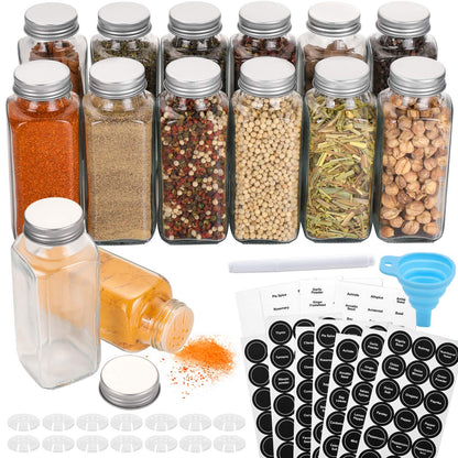 AOZITA 14 Pcs Glass Spice Jars with Spice Labels - 4oz Empty Square Spice Bottles - Shaker Lids and Airtight Metal Caps - Chalk Marker and Silicone Collapsible Funnel Included