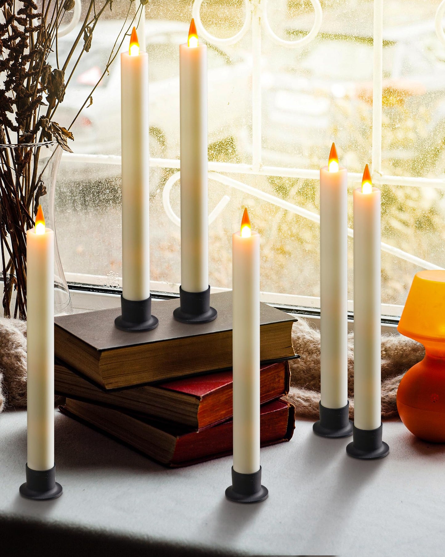 Da by 6 Flameless Window Candles with Remote Controller & Timer, LED Cone Stick Candle, Free 6 Black Bases, 9.6 Inch Battery Powered Christmas Candles for Home, Party, Holidays, Christmas Decoration