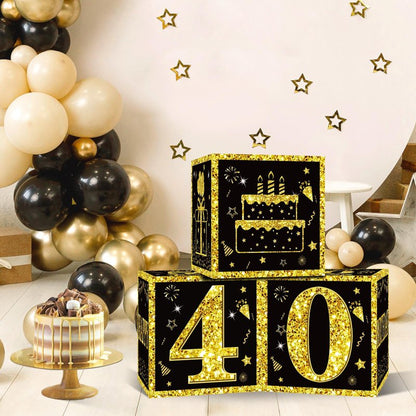 Eiurteao 3pcs 40th Birthday Decorations Boxes for Men Women, Black Gold Happy 40 Birthday Balloons Boxes Party Supplies, 40 Year Old Bday Theme Cardboard Box Decor