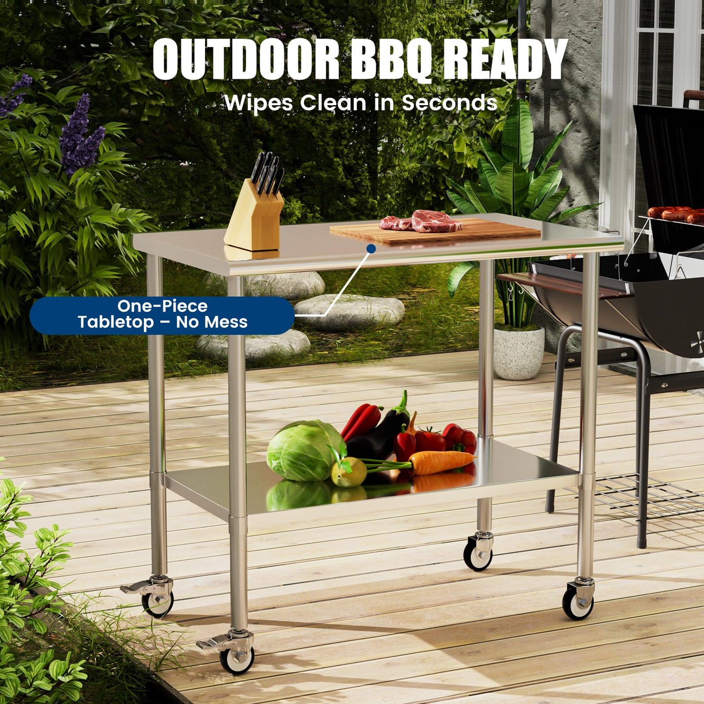 Chingoo Stainless Steel Work Table with Wheels, 24x48 Inch NSF Kitchen Prep Table with Adjustable Undershelf for Commercial Restaurant, Garage, Outdoor BBQ