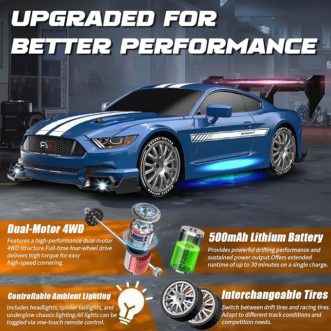 RC Drift Car 1:24 Scale Remote Control Vehicle for Kids2.4GHz 20KM/H 4WD High Speed RC Cars with LED Light Two Batteries &amp Drifting Tires Racing Sport Toy Cars for Adults Boys Girls Kids 8602WH