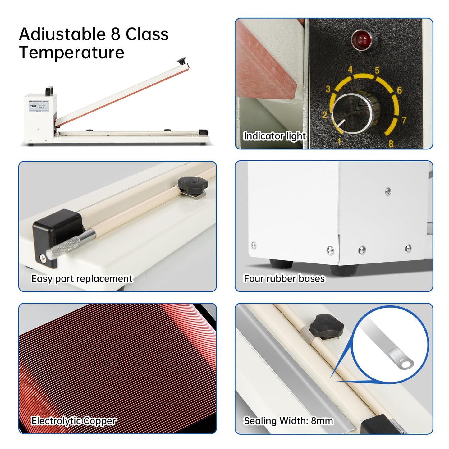R-PACK Impulse Heat Sealer with Seal bar, Heavy-Duty Bag Sealing & Cutting Machine, 8mm Sealing Width, 1 Extra Replacement (white, 30 inch)