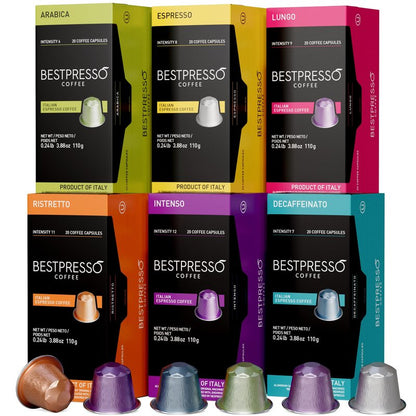 Bestpresso Coffee for Nespresso Original Machine 120 pods Certified Genuine Espresso Variety Pack includes one pack of decaf coffee, Pods Compatible with Nespresso Original