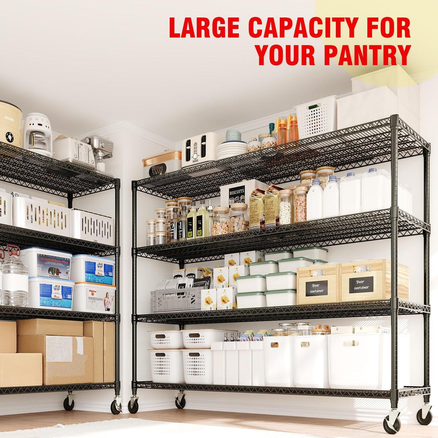 Metal Storage Shelving with Wheels, 4 Tiers Heavy Duty Rolling Storage Shelves with Adjustable Wire Racks, 59"W*74"H*24"D Garage Shelving Units, 2640LBS, for Kitchen Pantry Commercial Industrial,Black