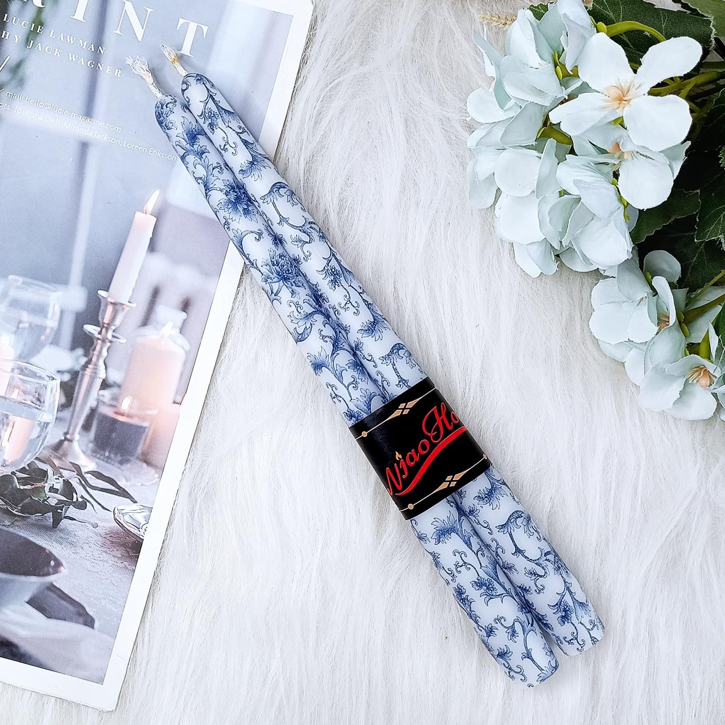 NJAO HOO Candlesticks 10 in Straight Taper Candles Hand Printing Blue and White Candlesticks Tall Tapered Candle Sticks for Home Garden Decor Simple Modern, 2Pcs