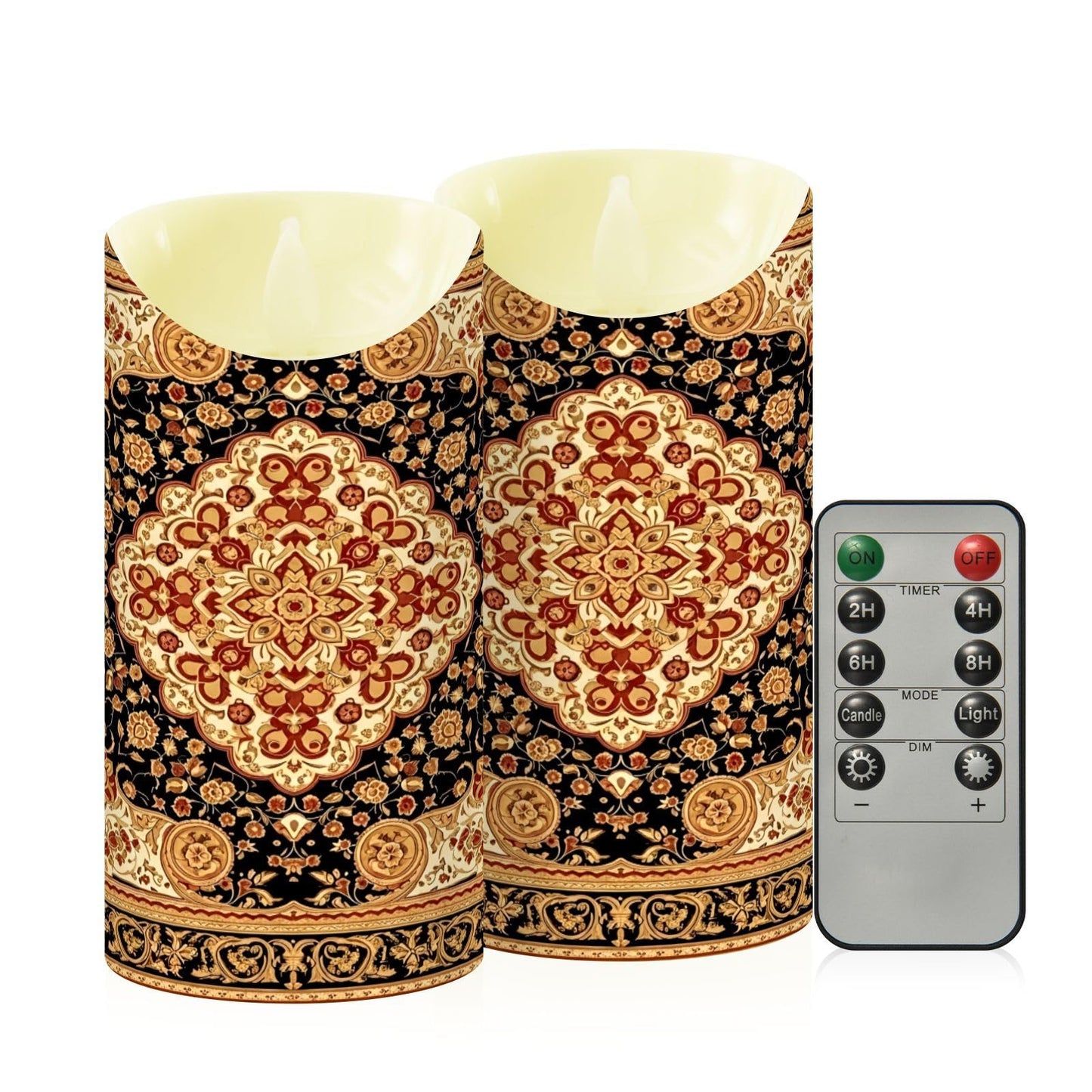 Gravopti Oriental Medallion 2 Pack Flameless LED Pillar Candles with Remote & Timer, Battery Operated, Flickering Wax Candle for Wedding, Romantic Home & Party Decor