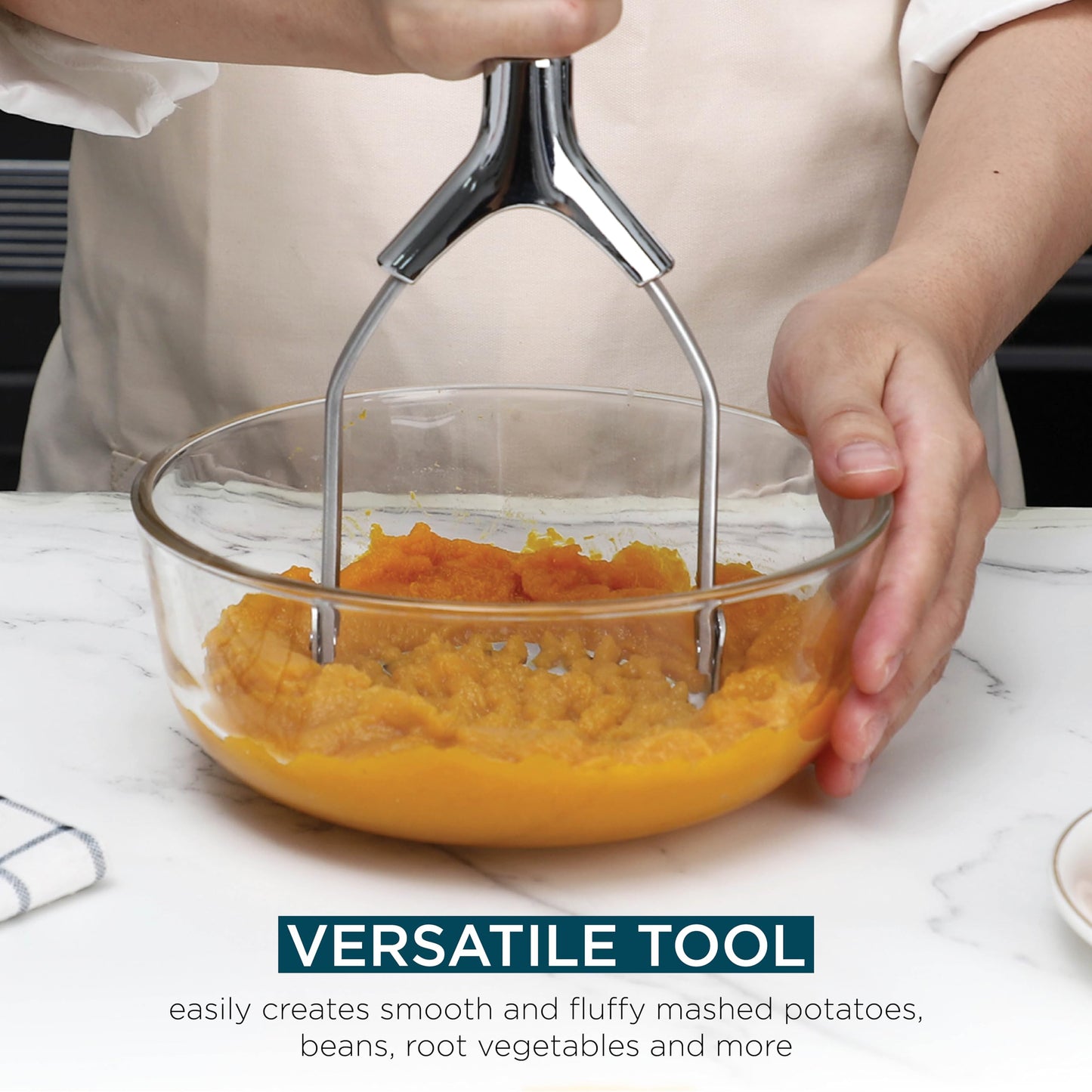 Cook With Color Hand Held Potato Masher - Professional Stainless Steel with Soft Comfort Handles Food Masher, Collapsible