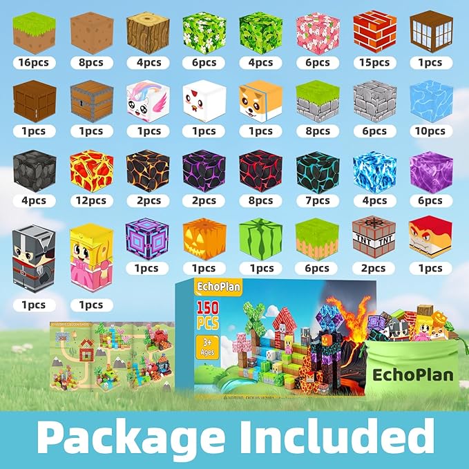EchoPlan 150PCS Magnetic Blocks Magnetic Building Blocks STEM Constructions Magnet Blocks for Boys Girls Age 3 4 5 6 7 8 9 10 Sensory Stacking Toy Christmas Birthday Gifts for Kids 1 Large Size