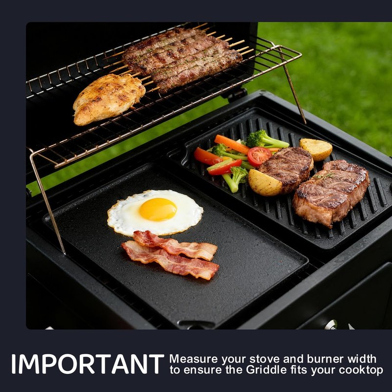 EWFEN Reversible Grill/Griddle, 16.7x9.5'' Pre-Seasoned Cast Iron Griddle Pan, Double Burner Cookware, Rectangular Non-Stick Stovetop Griddle with Handles, Flat Top Plate for Oven, Grill & Campfire