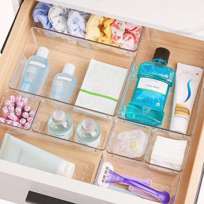 Vtopmart 15 PCS Clear Plastic Drawer Organizers Set, 4-Size Versatile Bathroom and Vanity Organizer Trays, Non-Slip Storage Containers for Makeup, Jewelries, Bedroom，Kitchen Utensils and Office