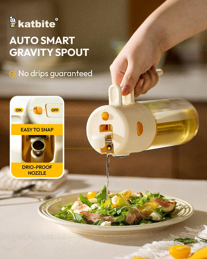 Katbite Olive Oil Dispenser Bottle - 2-in-1 Glass Oil Bottle & Sprayer | Non-Drip Leak-Proof Design, 18.6 oz, Cream White