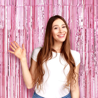 Voircoloria Light Pink Foil Fringe Backdrop Curtains - 3 Pack Tinsel Streamers for Parties & Events