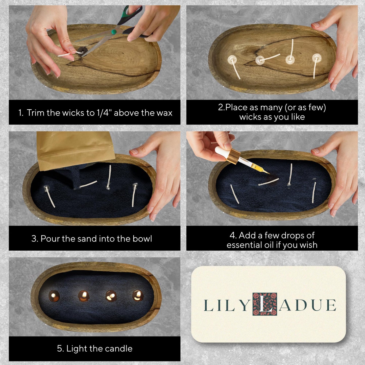 LILY LADUE Black Sand Candle Kit - 1Lb/16Oz Pearled Candles Sand and Wicks (24) with Wood Holder, Unscented Aroma Beads, Reusable Pearled Candle Wax for DIY Home Kit, Powder Beads Refill Available