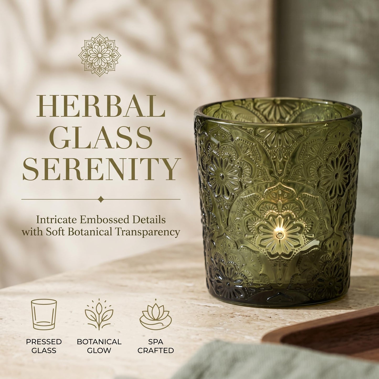 12 Pack Mandala Embossed Glass Candle Holders – Votive Tealight Holders with Patent Design, Decorative Embossed Glass Cups for Wedding Centerpieces, Parties, and Home Décor (Moss Green)