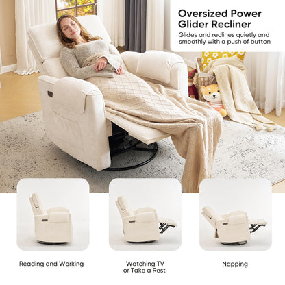 Rhevoy Oversized Power Rocker Recliner Chair, 26" Extra Wide Swivel Recliner with Adjustable Headrest, Chenille Glider Rocking Nursery Chair with Overstuffed Armrest, USB Ports, Cream