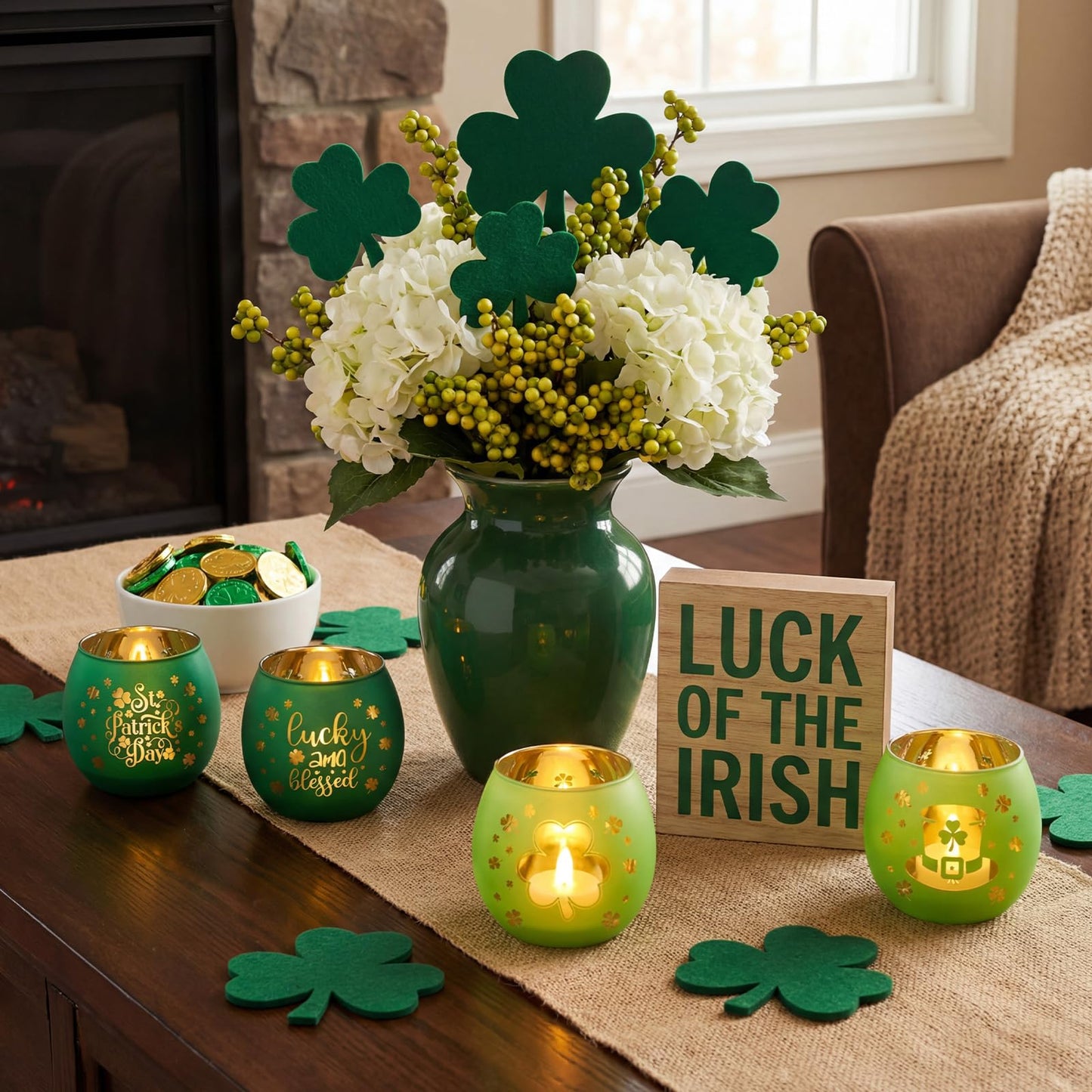Yungyan 6 Set Green Votive Candle Holders Clovers Glass Holders Bulk with Laser Engraving Patterns Gifts for Weddings Shower Party, Table Centerpiece, Yoga & Bathroom Meditation Decoration