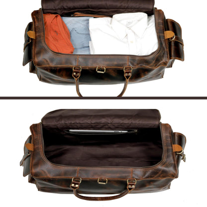 Cuero Full Grain Leather Duffle Bag for Men, Buffalo Overnight Weekend Travel Bag, Carry On with Organized Pockets, YKK Zippers, Adjustable Strap (Choclate Brown)