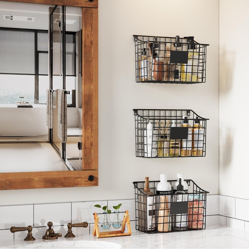Wall Mounted Bin Basket with 5 Hooks 3 Label Plate Adhesive-3 Pack, Cabinet Hanging Metal Wire Basket,Rustic Farmhouse Decor, Storage Organization Shelf for Pantry Kitchen Bathroom 10.6*7.5*5.1inch