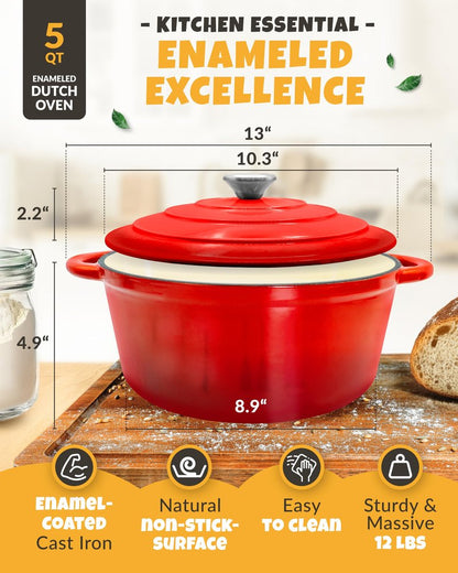 CRUSTLOVE Dutch Oven for Bread Baking - incl. Sourdough Bread-Baking Supplies like Banneton Bread-Proofing Basket - 5QT Enameled Cast Iron Bread-Oven with Lid, Bread-Pan Sour Dough Starter Kit