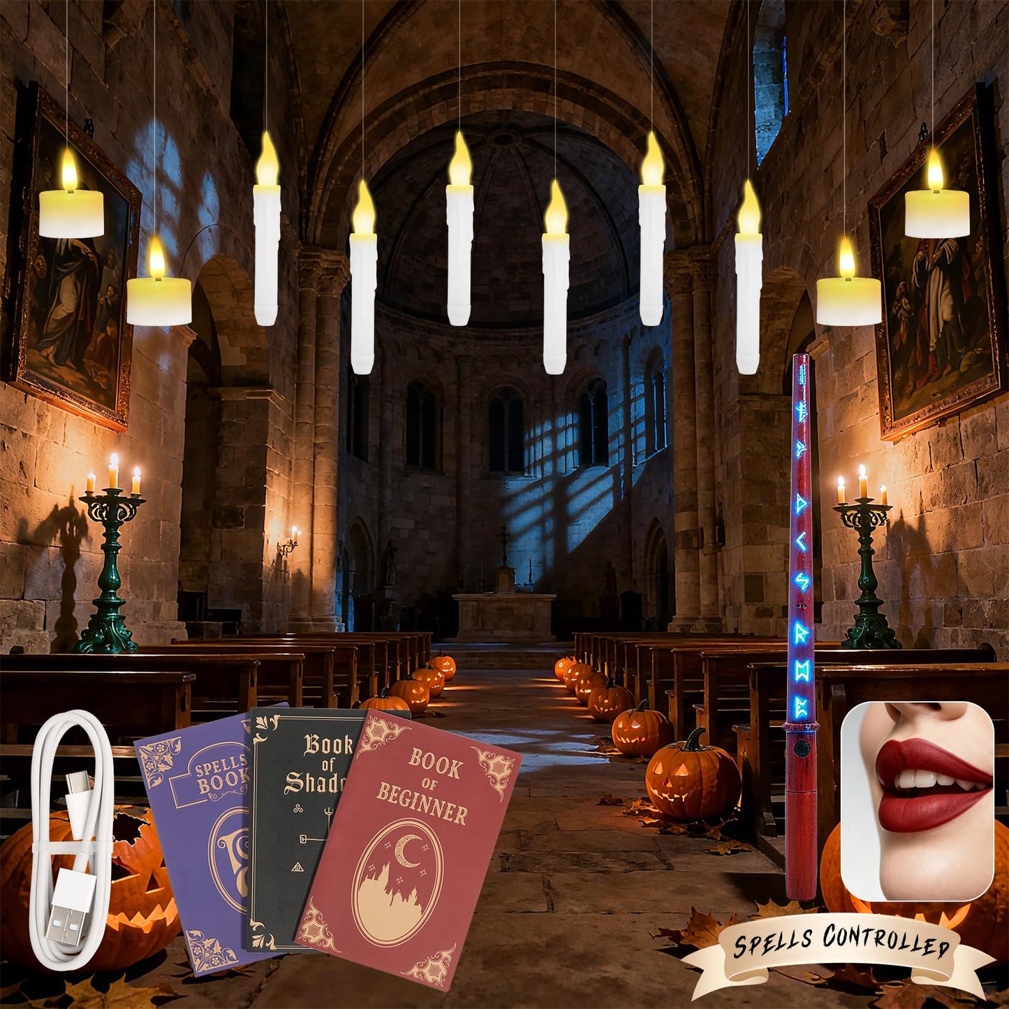 Hobrad 10PCS Floating Candles with Wand Halloween Decorations Indoor Hanging Candles Halloween Battery Candles with Voice Remote Control