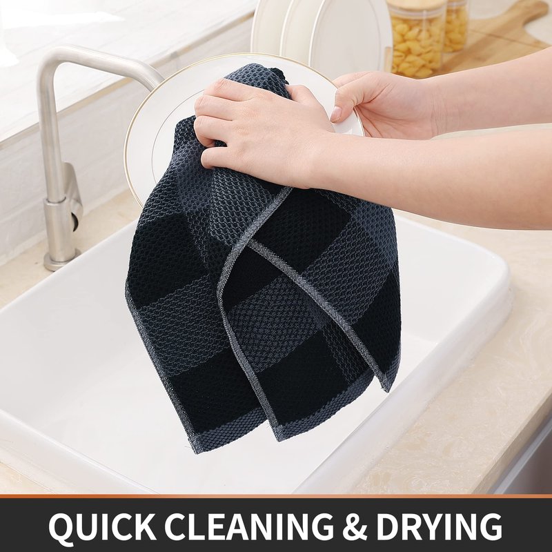 Homaxy 100% Cotton Waffle Weave Check Plaid Kitchen Towels, 13 x 28 Inches, Super Soft and Absorbent Dish Towels for Drying Dishes, 4-Pack, Black & Grey