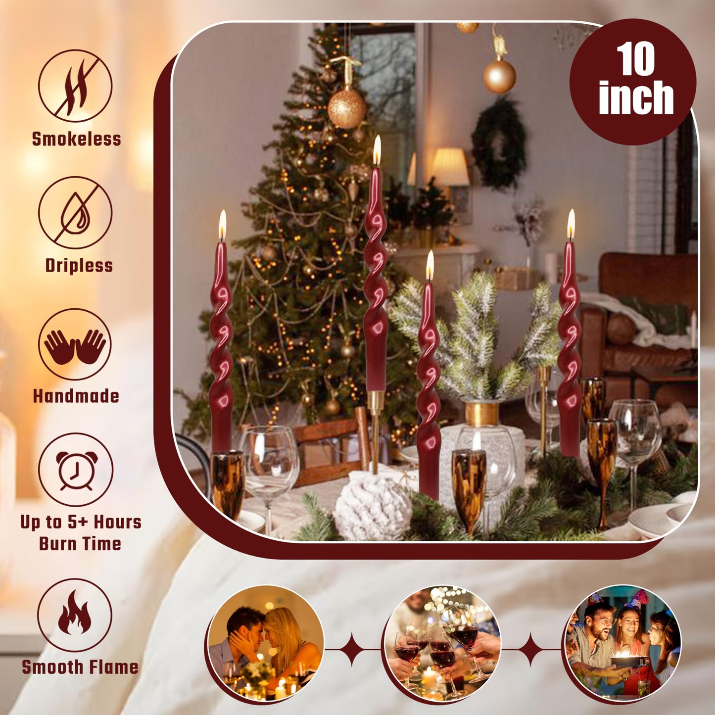 Christmas Spiral Candles Metallic Red Taper Candles -10 in Unscented Candlestick for Winter Gift Holiday Christmas Home Decoration Candles, 4 Pack