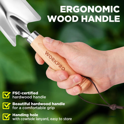 WORKPRO 11" Garden Hand Trowel, Heavy Duty Polished Stainless Steel Garden Shovels with Wood Handle, Small Gardening Hand Tools for Digging, Planting, Measure, Transplanting