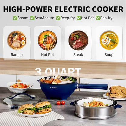 AUTUCU 3-Quart Electric Hot Pot & wok Nonstick with Steamer | Electric Skillet 1200W for Dorm, Home, Gifts (Includes Silicone Spatula) Multi-Cooker