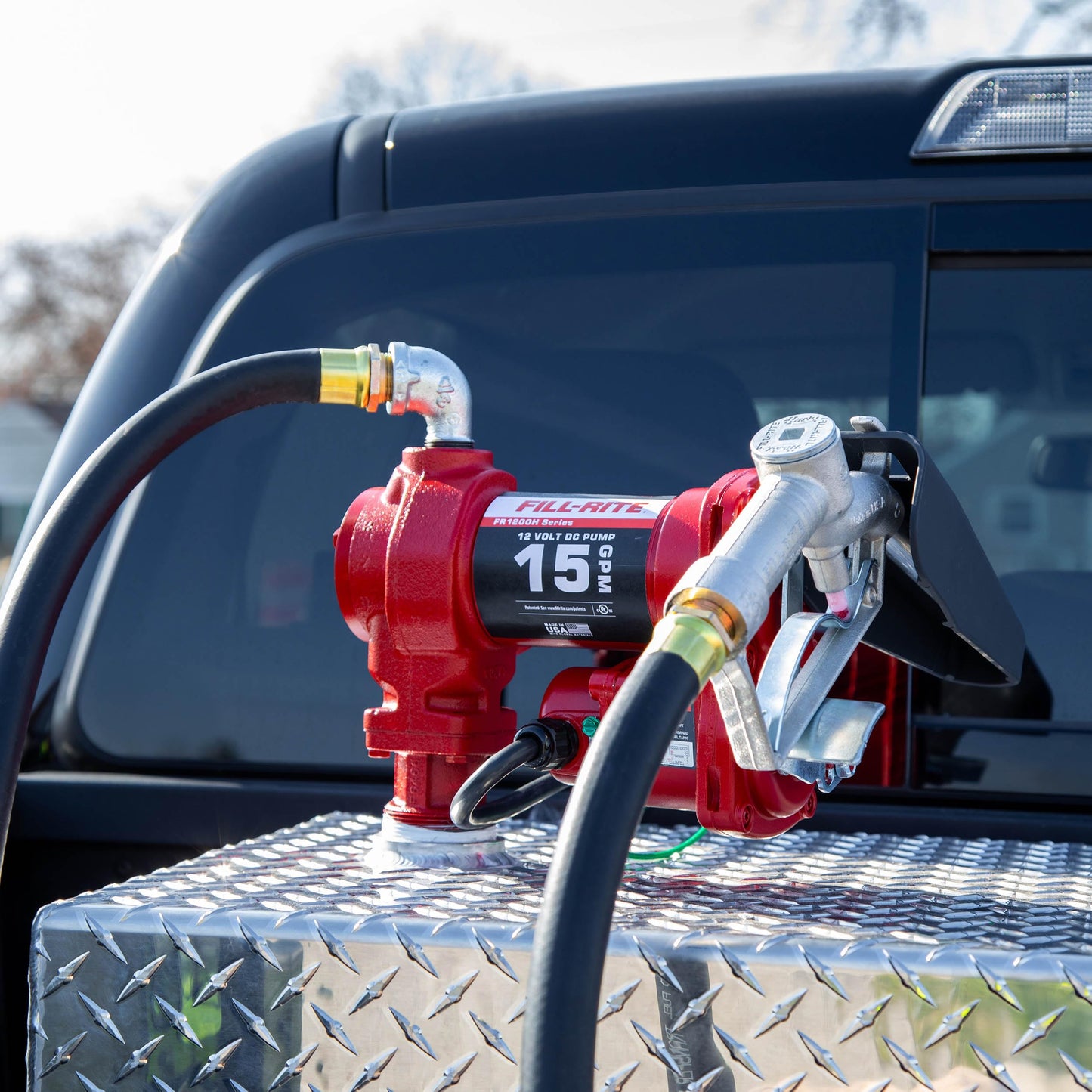 Fill-Rite FR1210H 12V 15 GPM Fuel Transfer Pump with Discharge Hose & Manual Nozzle | Gasoline, Diesel, Kerosene, Ethanol & Methanol Blends & Biodiesel