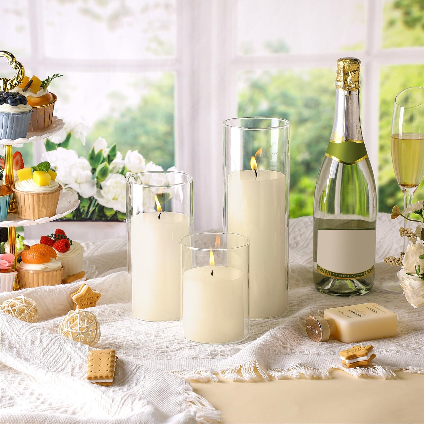 Shihanee Set of 3 Pillar Candles and 3 Glass Cylinder Candle Vases Holders Clear Pillar Jars for Wedding Centerpieces(3'' x 5.9'', 7.9'', 9.8'',Ivory White)