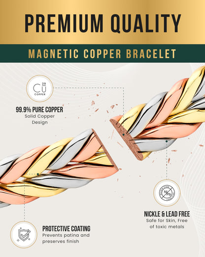 MagnetRX® Woven Copper Magnetic Bracelet - Magnetic Copper Bracelets - Adjustable Pure Copper Cuff Bracelet with Magnets (Tri-Color, M/L)