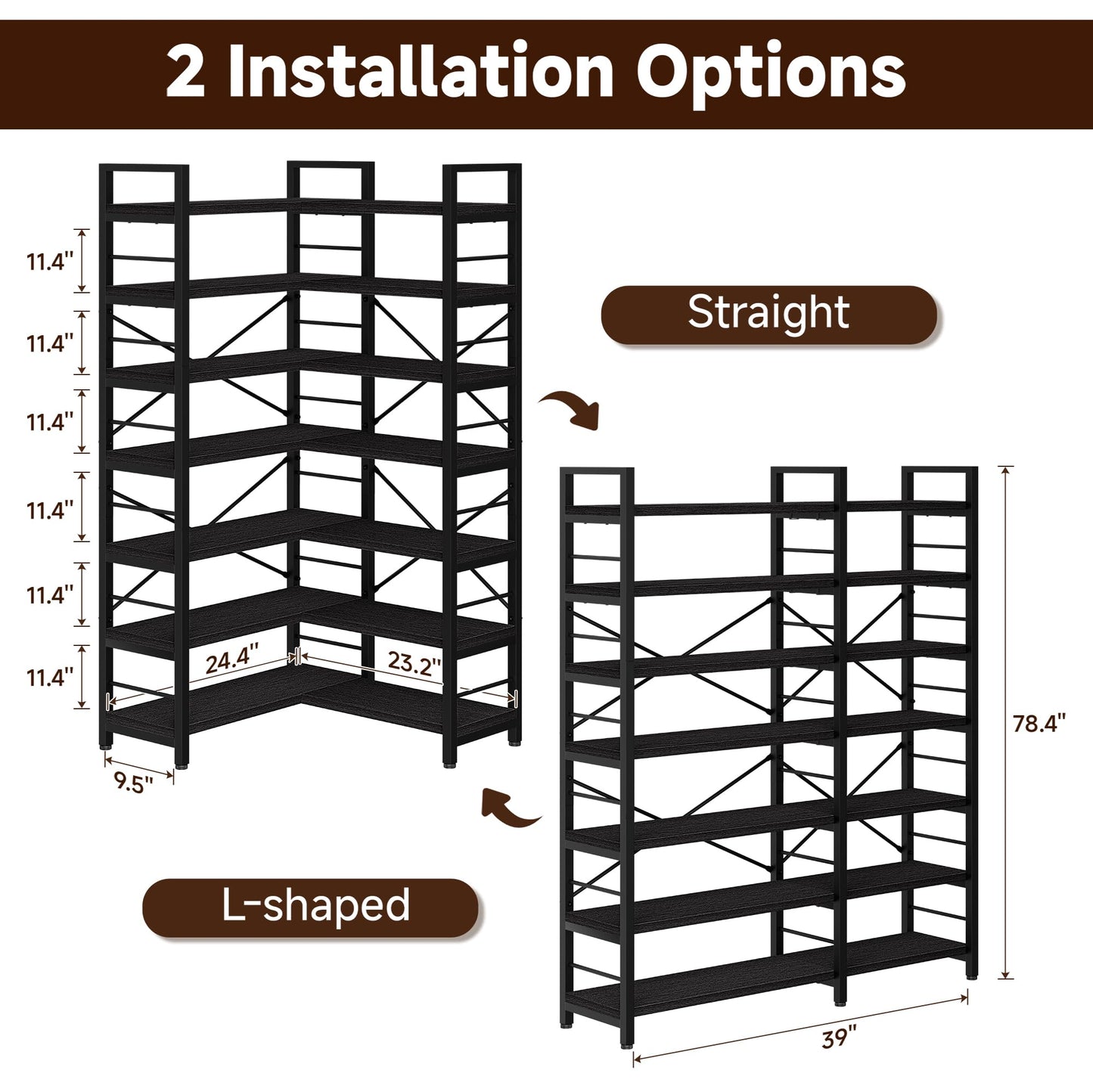 TEROL 7-Tier Corner Bookshelf, Reversible Wooden Shelves, Industrial Bookcase with Open Shelves and Sturdy Metal Frame, Display Shelf Storage Rack for Living Room, Bedroom, Home Office (Black)