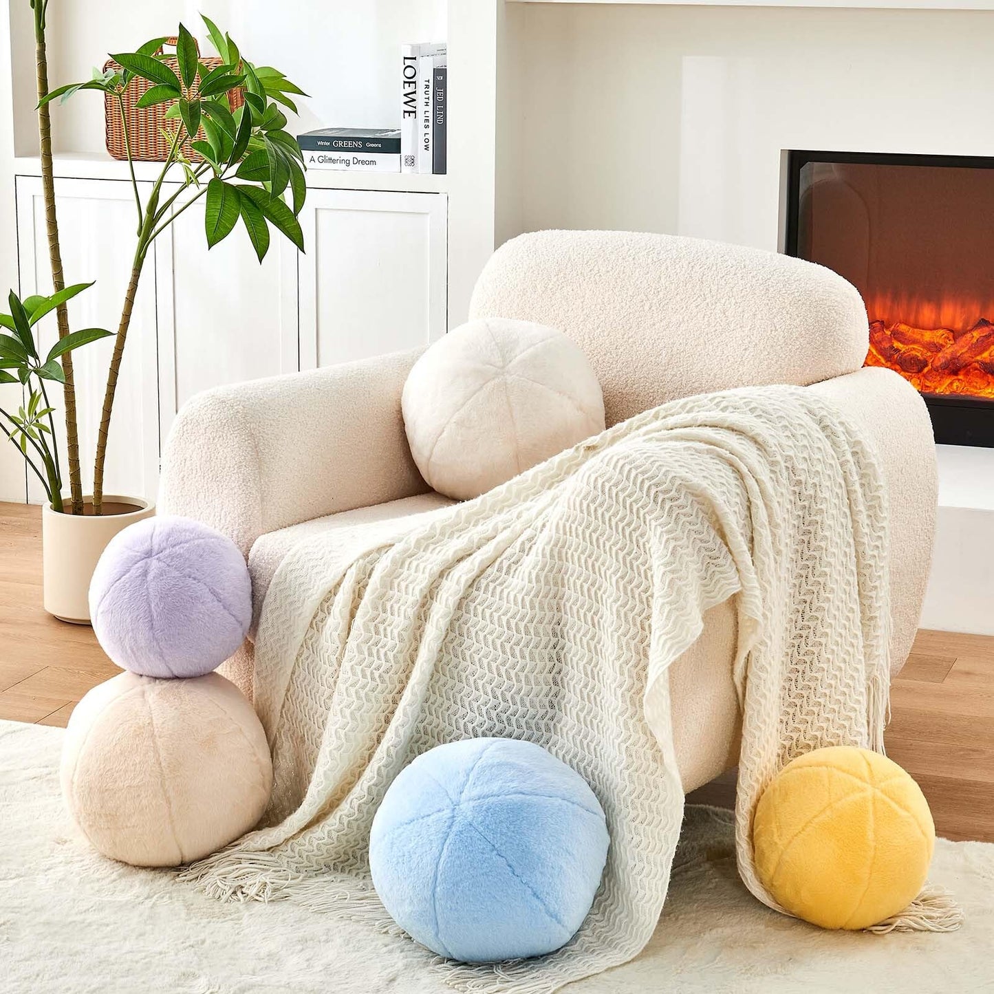 Uvvyui Beige Ball Pillow, 8" Cute Mini Round Throw Pillow Faux Rabbit Fur Room Decorative Throw Pillow, Ball Shaped Pillow Plush Cushion for Couch, Sofa, Bedroom