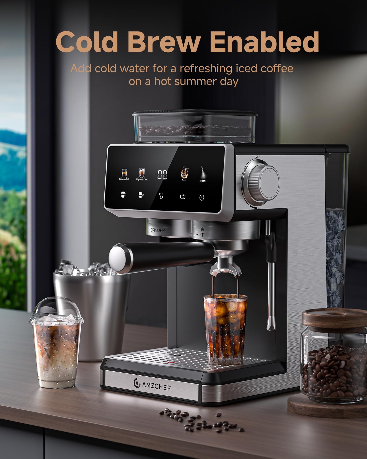 AMZCHEF Espresso Machine with Grinder, 3 Temp 197-205℉ Professional Espresso Machine, 3-10s Pre-Infusion, 20 Grind Settings, Latte Cappuccino Maker Home Barista, Black