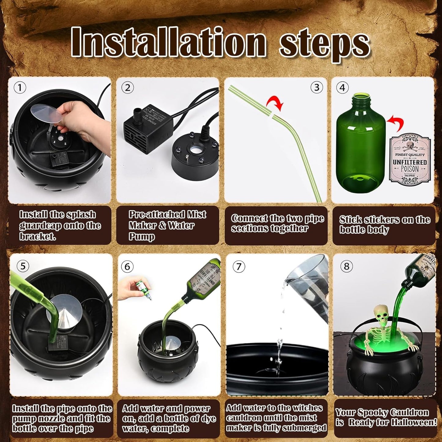 Halloween Decorations Indoor, Cauldron Halloween Decor with Magic Floating Potion Bottles and Diffuser - Black Witches Bowl Hocus Pocus Party Decoration for Spooky Home Kitchen Table (10in/25cm)