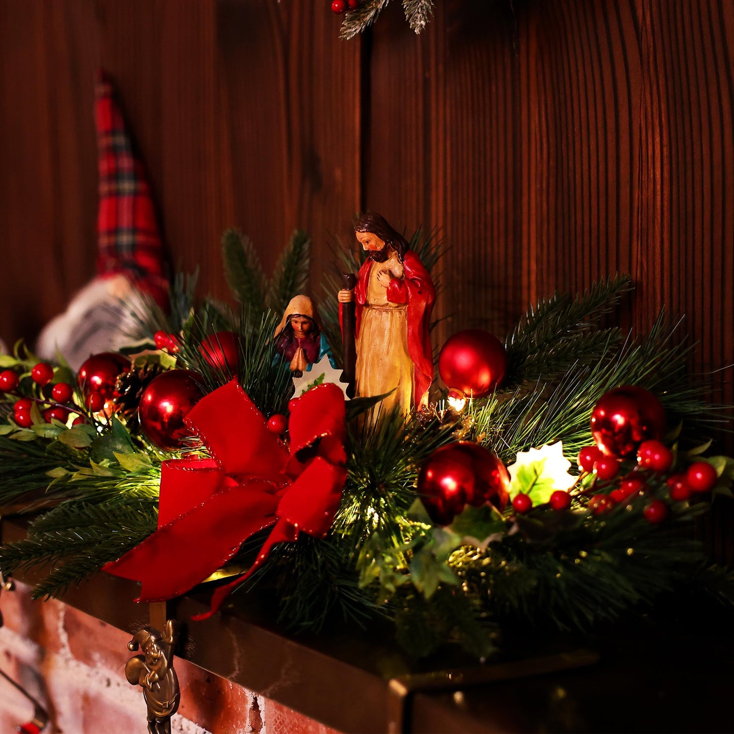 Christmas Table Centerpiece with LED Lights, Christmas Decoration with Red Jesus Pine Needle Ornament, Red Berry, Balls for Holiday Party, Home