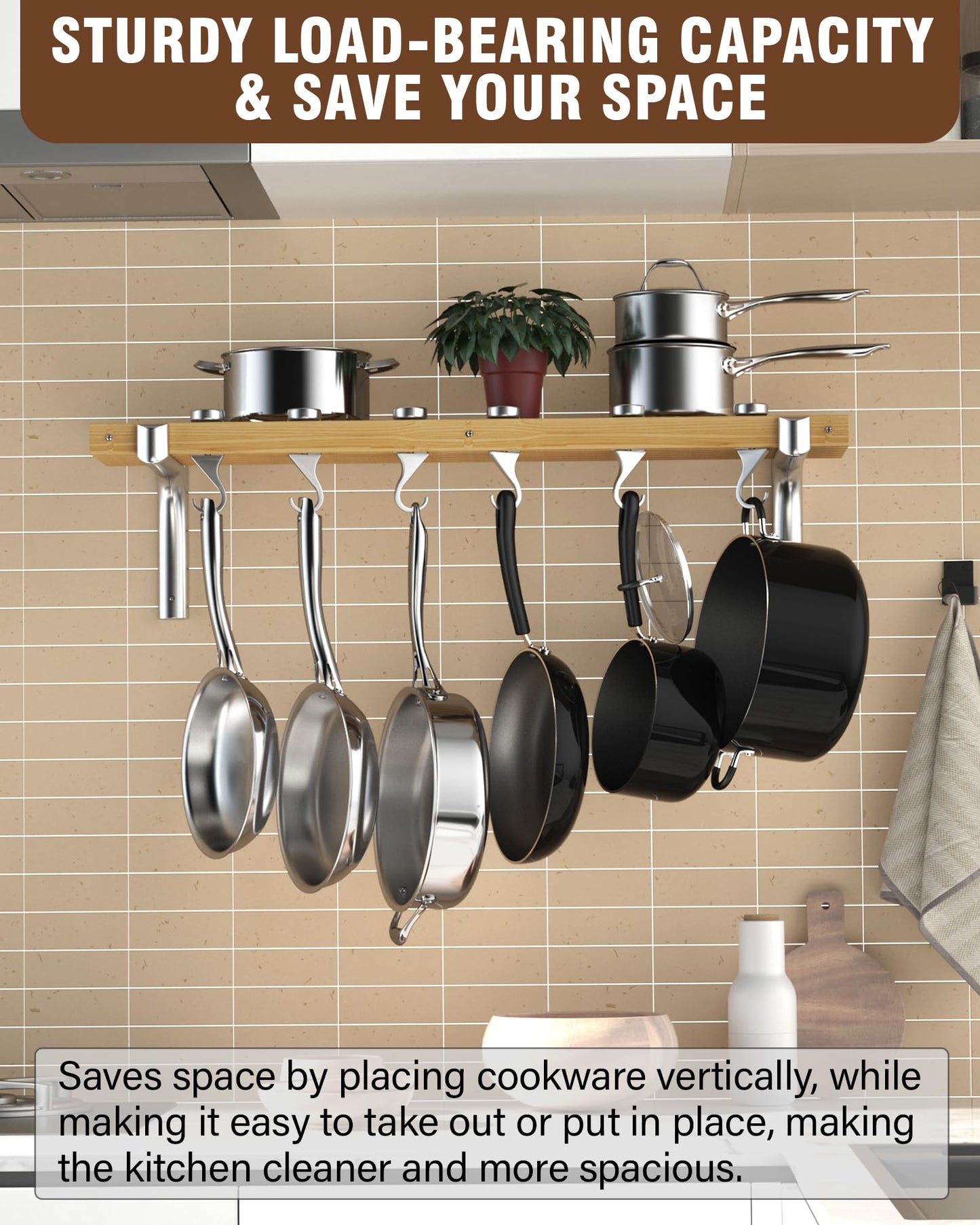 Cooks Standard Wall Mounted Wooden Pot Rack, 36 by 8-Inch