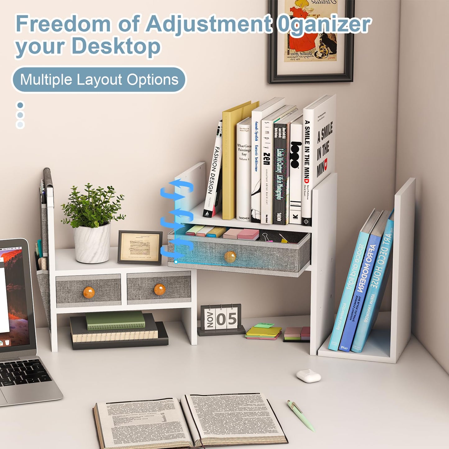 X-cosrack Adjustable Desk Shelves for Storage, Desktop Bookshelf with 3 Drawers, White Wood Desk Shelf for Top of Desk, Corner Desktop Organizer for Women Office
