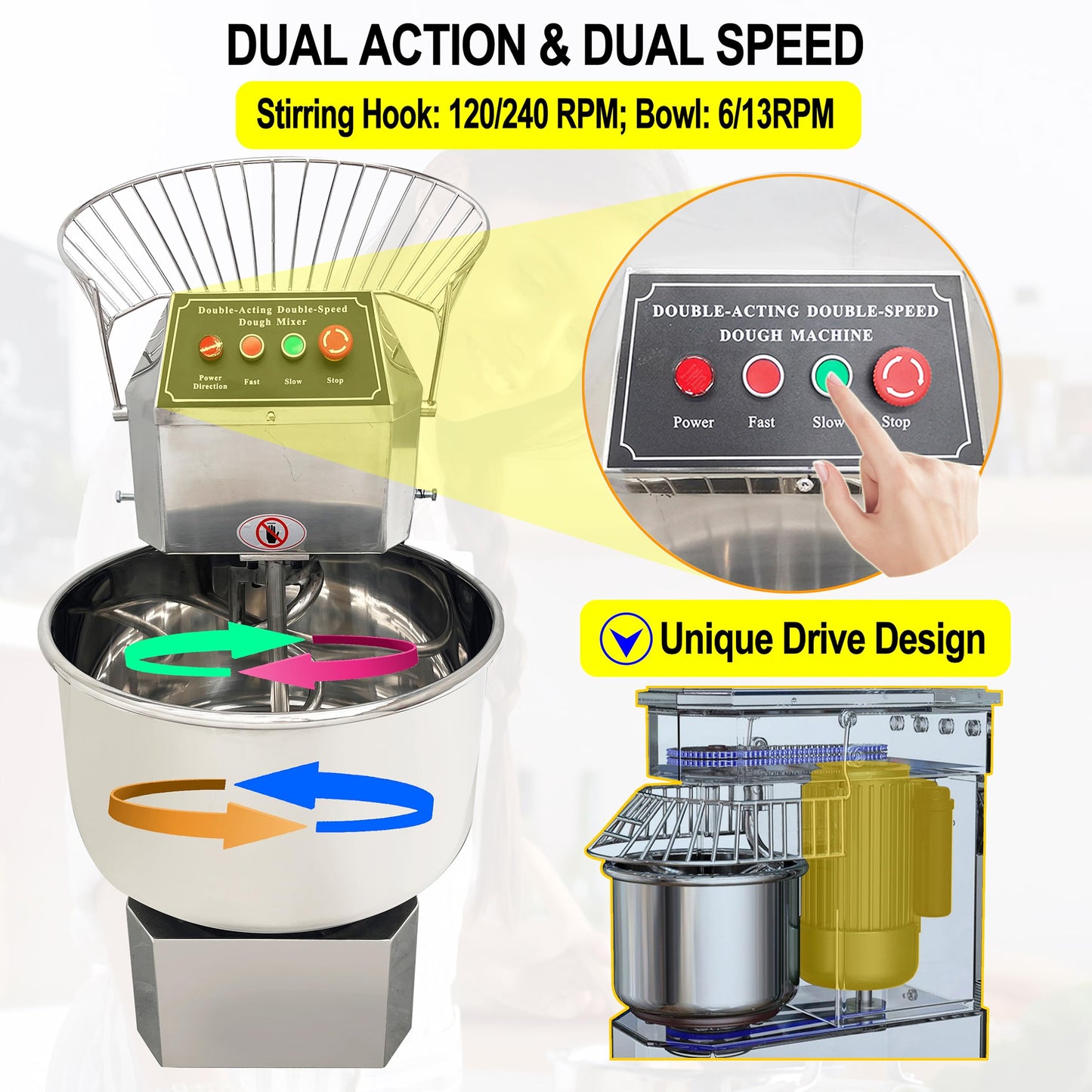 TECHTONGDA Commercial Dough Mixer 50L Food Mixer Stainless Steel Stand Mixer Dual Rotating Dough Kneading Machine with Double Speed Heavy Duty Pizza & Bread Dough Mixer for Restaurant Pizzeria 110V