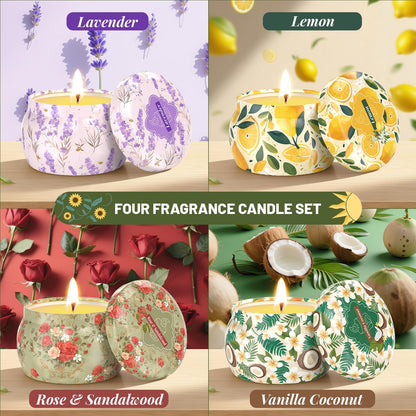 WarmEmbrace Scented Candles for Women, 4 Pack Soy Candle Set, 4.4OZ Candles for Home Scented, Candle Gift Set for Women, Lavender/Coconut and Christmas Holiday Candles, Valentines Day Gifts